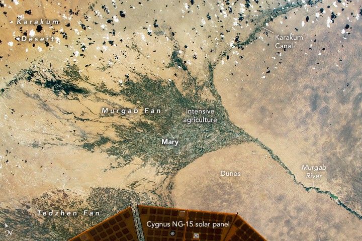Um trecho do Canal Karakum, que desvia água de rios para irrigar lavouras no deserto, é visível como uma feição linear e vegetada nesta foto, tirada por um astronauta a bordo da Estação Espacial Internacional em 13 de junho de 2021.