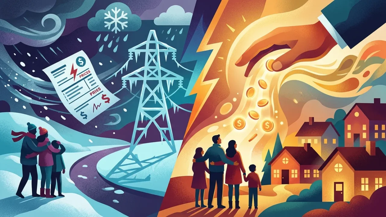 Ilustração: Famílias observam contraste entre inverno rigoroso com torres de energia e conta de luz cara à esquerda, e verão quente com casas iluminadas à direita, representando flutuação de preços na conta de energia