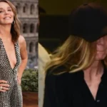 Atriz de "Emily in Paris" chega ao Brasil usando boné e casaco preto, em contraste com foto anterior em vestido de paetês diante de edifício europeu