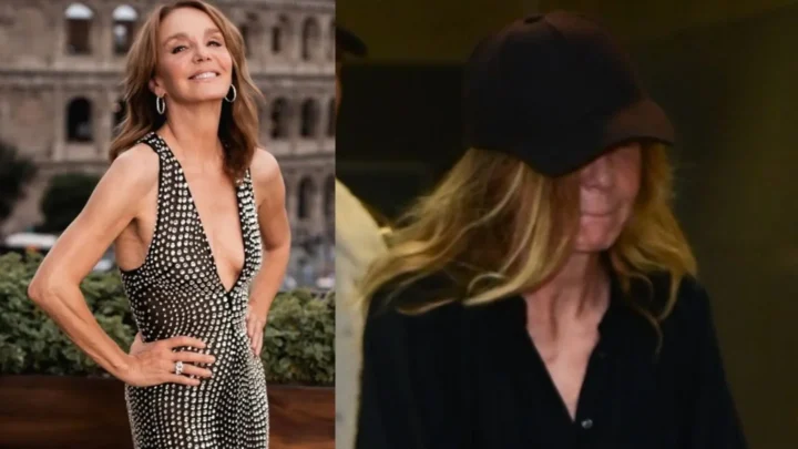 Atriz de "Emily in Paris" chega ao Brasil usando boné e casaco preto, em contraste com foto anterior em vestido de paetês diante de edifício europeu