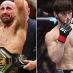 Lado esquerdo: homem careca e barbudo, sem camisa, com os braços erguidos e um cinturão de campeão do UFC na cintura; à direita, lutador de cabelo escuro, sem camisa, com luva do UFC e o dedo nos lábios, diante da grade da jaula