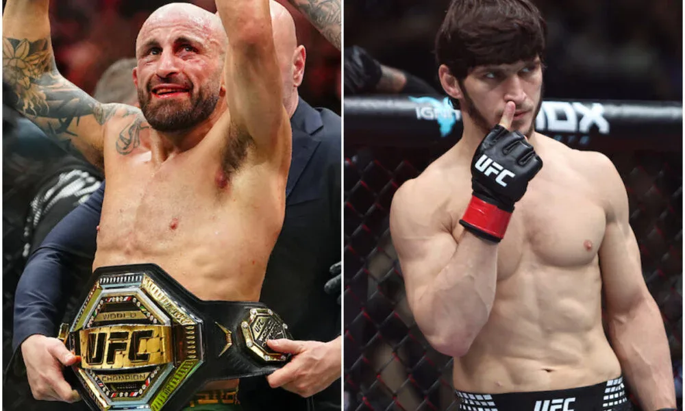 Lado esquerdo: homem careca e barbudo, sem camisa, com os braços erguidos e um cinturão de campeão do UFC na cintura; à direita, lutador de cabelo escuro, sem camisa, com luva do UFC e o dedo nos lábios, diante da grade da jaula