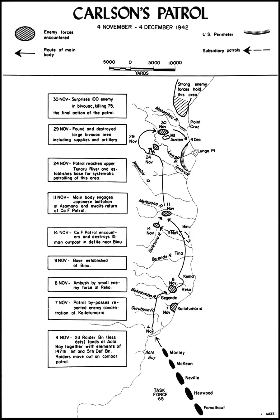 Mapa histórico do Corpo de Fuzileiros Navais com a rota da patrulha de Carlson em Guadalcanal, de 4 de novembro a 4 de dezembro de 1942, terminando perto do Monte Austen