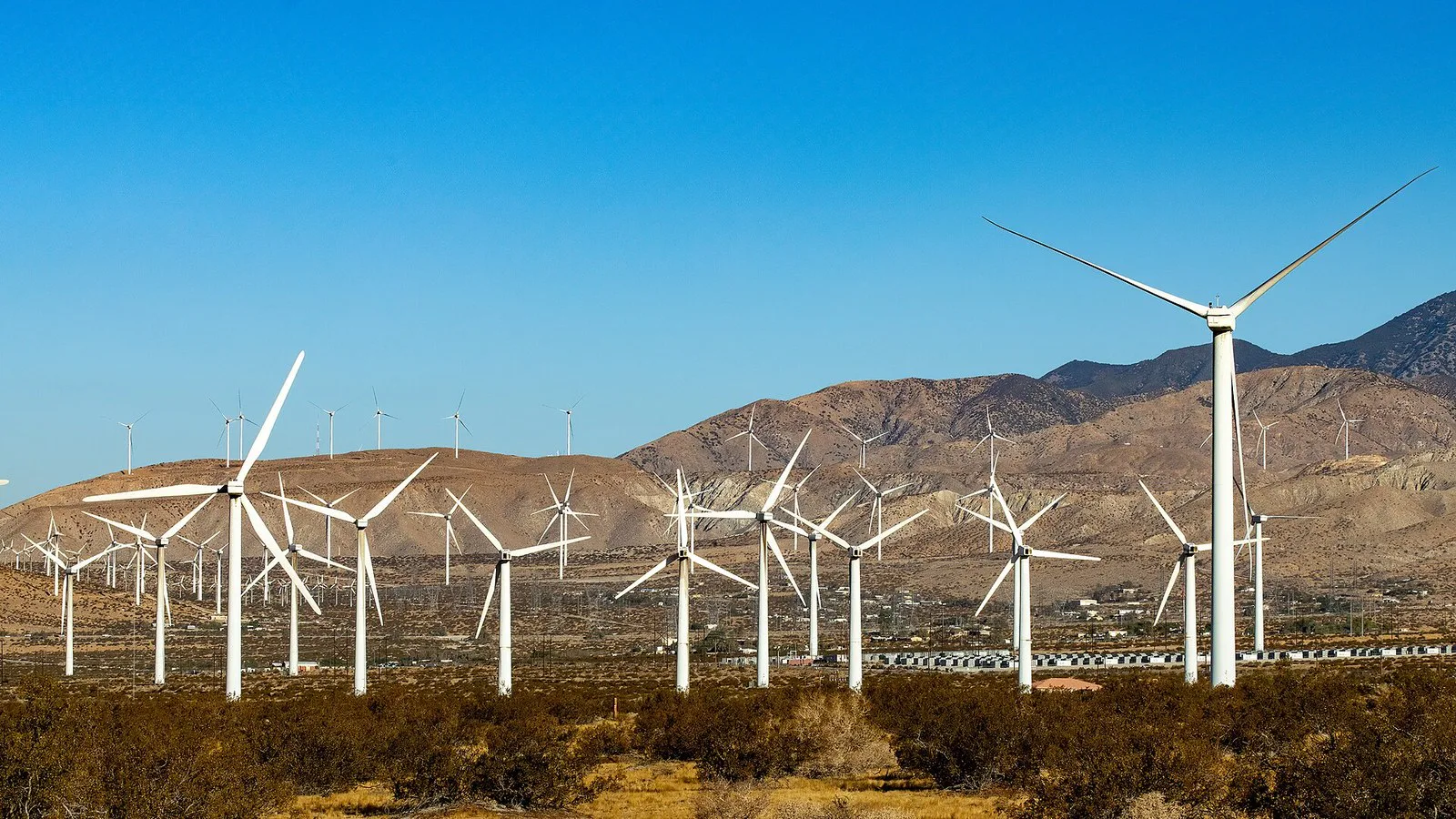 Foto de arquivo (abril de 2024, sem relação com o vídeo): turbinas eólicas no Passo de San Gorgonio, entre Beaumont e Palm Springs, no condado de Riverside