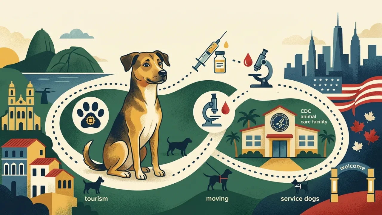 Ilustração: cachorro sentado entre vacinas, exames de sangue e um prédio do CDC, com skyline de Nova York e o Rio de Janeiro ao fundo