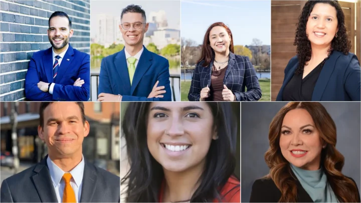 Montagem com os retratos dos sete candidatos de origem brasileira: Farley Santos, Felipe Sousa-Lazaballet, Lorena Betts, Rita Mendes, Dan Sena, Priscila Sousa e Elaine Marzola
