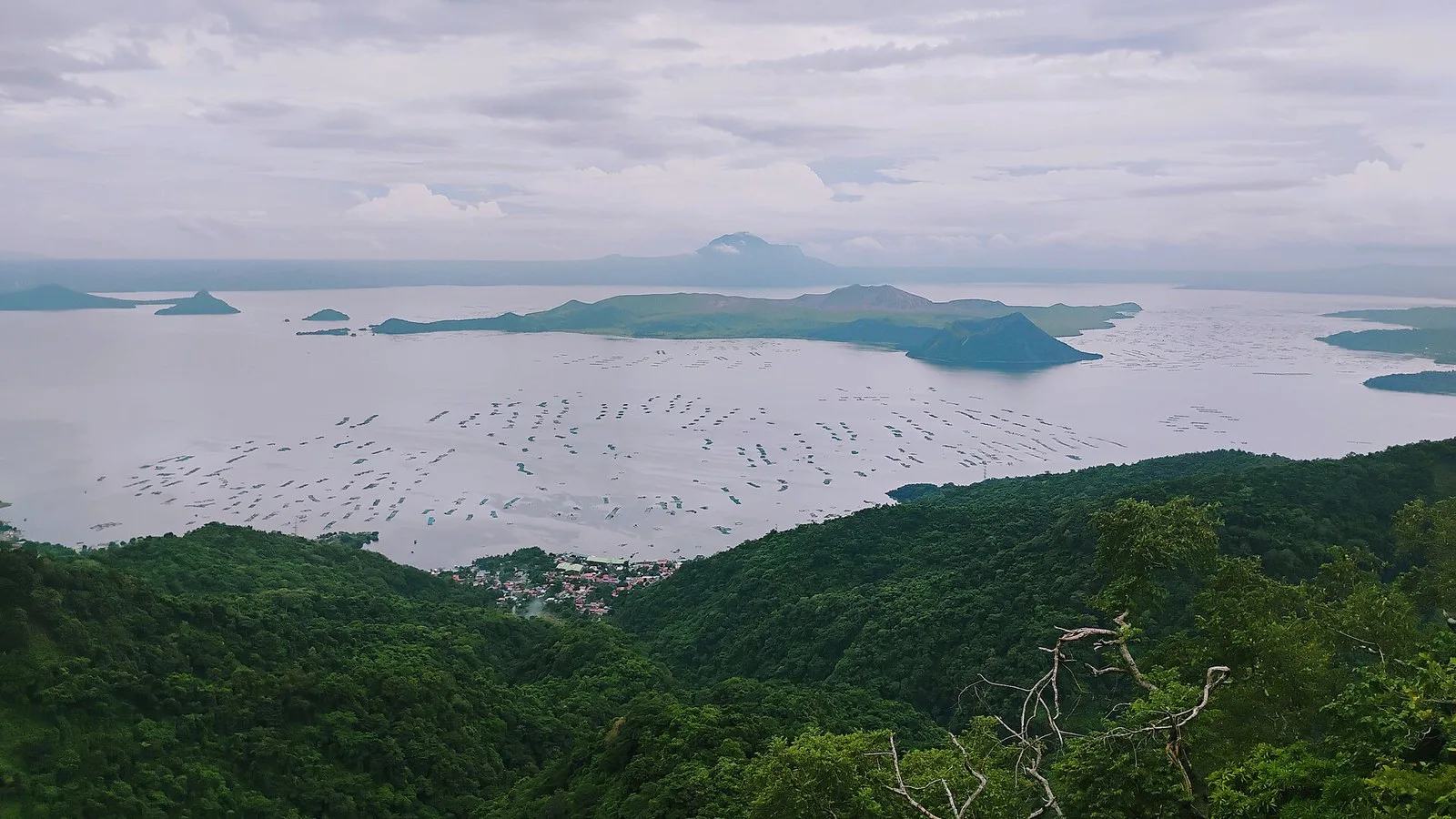Vista do lago Taal e da ilha do vulcão a partir de Tagaytay, com morros cobertos de mata em primeiro plano