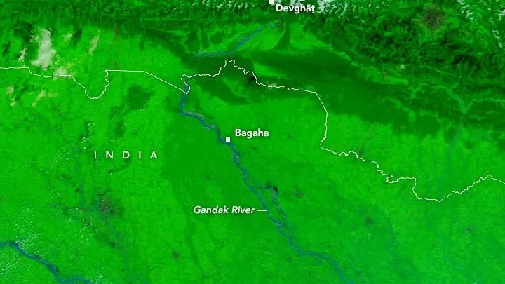 Uma imagem de satélite em cores falsas mostra o rio Gandak antes da inundação em 20 de setembro de 2026.