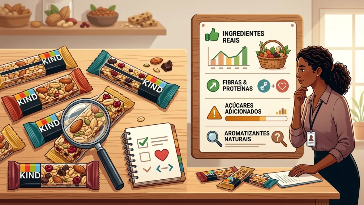 Ilustração: mulher analisa barras de cereais KIND sobre mesa de madeira, consultando informações sobre ingredientes reais, fibras, proteínas, açúcares adicionados e aromatizantes naturais em cartaz ao fundo