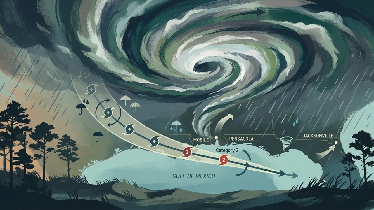 Ilustração: furacão com formato de espiral em tom de verde e branco sobre o Golfo do México, com trajeto indicado passando por Mobile e Pensacola como categoria 2, com Jacksonville ao fundo e chuva representada por símbolos de guarda-chuva