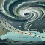 Ilustração: furacão com formato de espiral em tom de verde e branco sobre o Golfo do México, com trajeto indicado passando por Mobile e Pensacola como categoria 2, com Jacksonville ao fundo e chuva representada por símbolos de guarda-chuva