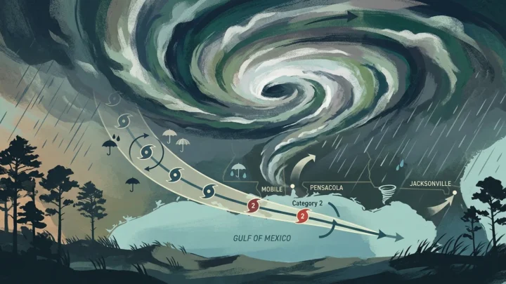 Ilustração: furacão com formato de espiral em tom de verde e branco sobre o Golfo do México, com trajeto indicado passando por Mobile e Pensacola como categoria 2, com Jacksonville ao fundo e chuva representada por símbolos de guarda-chuva