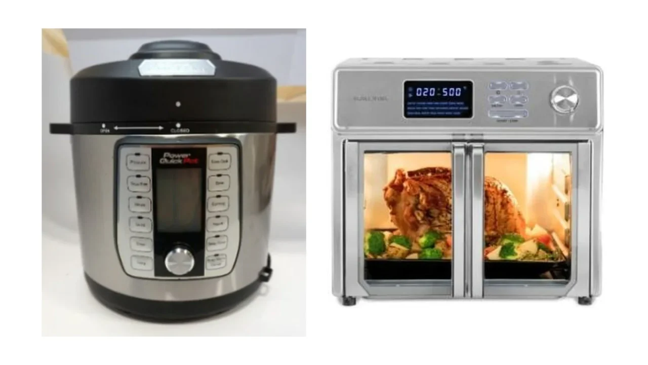 Panela de pressão elétrica Power Quick Pot, de inox com tampa preta, ao lado de um forno air fryer Kalorik MAXX com portas duplas de vidro, os dois sobre fundo branco