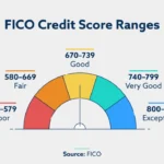 Gráfico em semicírculo mostra as faixas de pontuação de crédito FICO nos EUA, variando de 300 a 850 pontos, com classificações que vão de pobre até excepcional