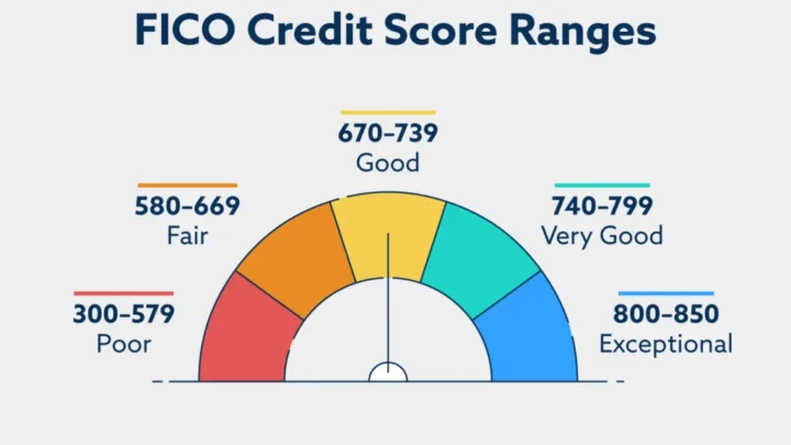 Gráfico em semicírculo mostra as faixas de pontuação de crédito FICO nos EUA, variando de 300 a 850 pontos, com classificações que vão de pobre até excepcional
