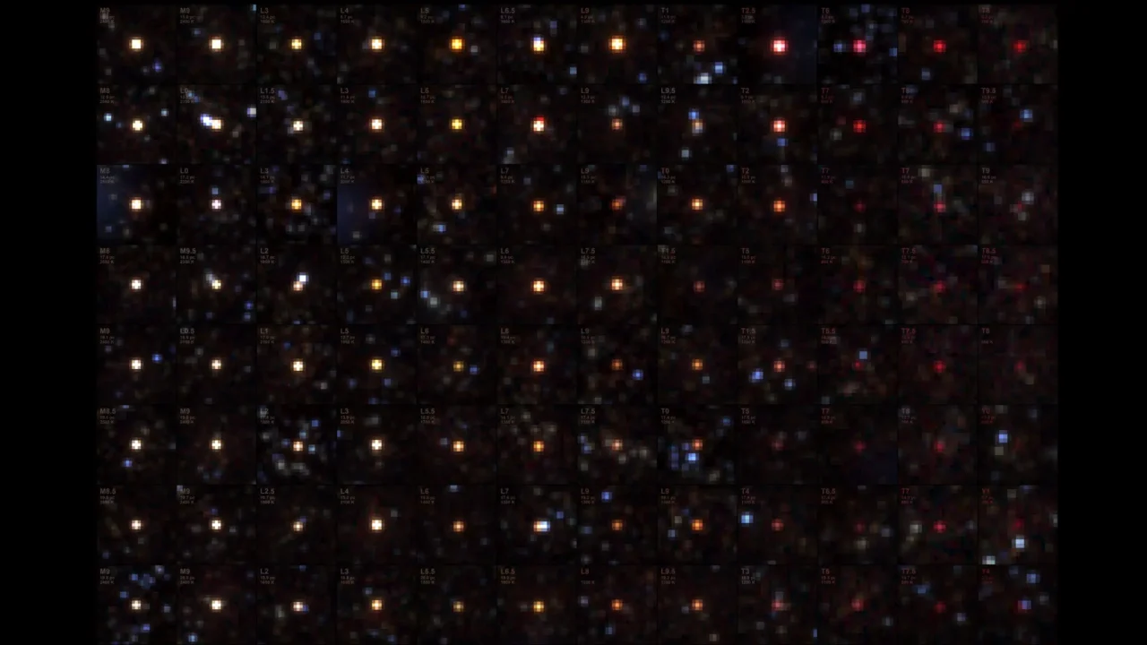 Enquanto mapeia o céu, o telescópio SPHEREx da NASA está encontrando milhares de anãs marrons escondidas na escuridão. Uma seleção é mostrada nesta colagem de observações, listadas por tipo espectral, distância e temperatura em graus Kelvin.