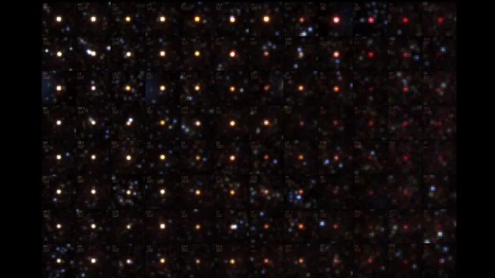 Enquanto mapeia o céu, o telescópio SPHEREx da NASA está encontrando milhares de anãs marrons escondidas na escuridão. Uma seleção é mostrada nesta colagem de observações, listadas por tipo espectral, distância e temperatura em graus Kelvin.