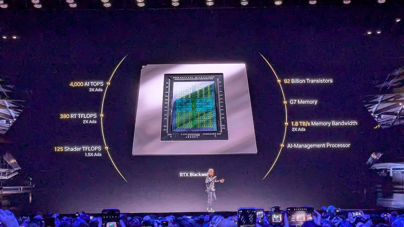 Jensen Huang, CEO da Nvidia, no palco da keynote da empresa na CES 2025, em Las Vegas, diante de um telão com o chip RTX Blackwell (imagem de arquivo)