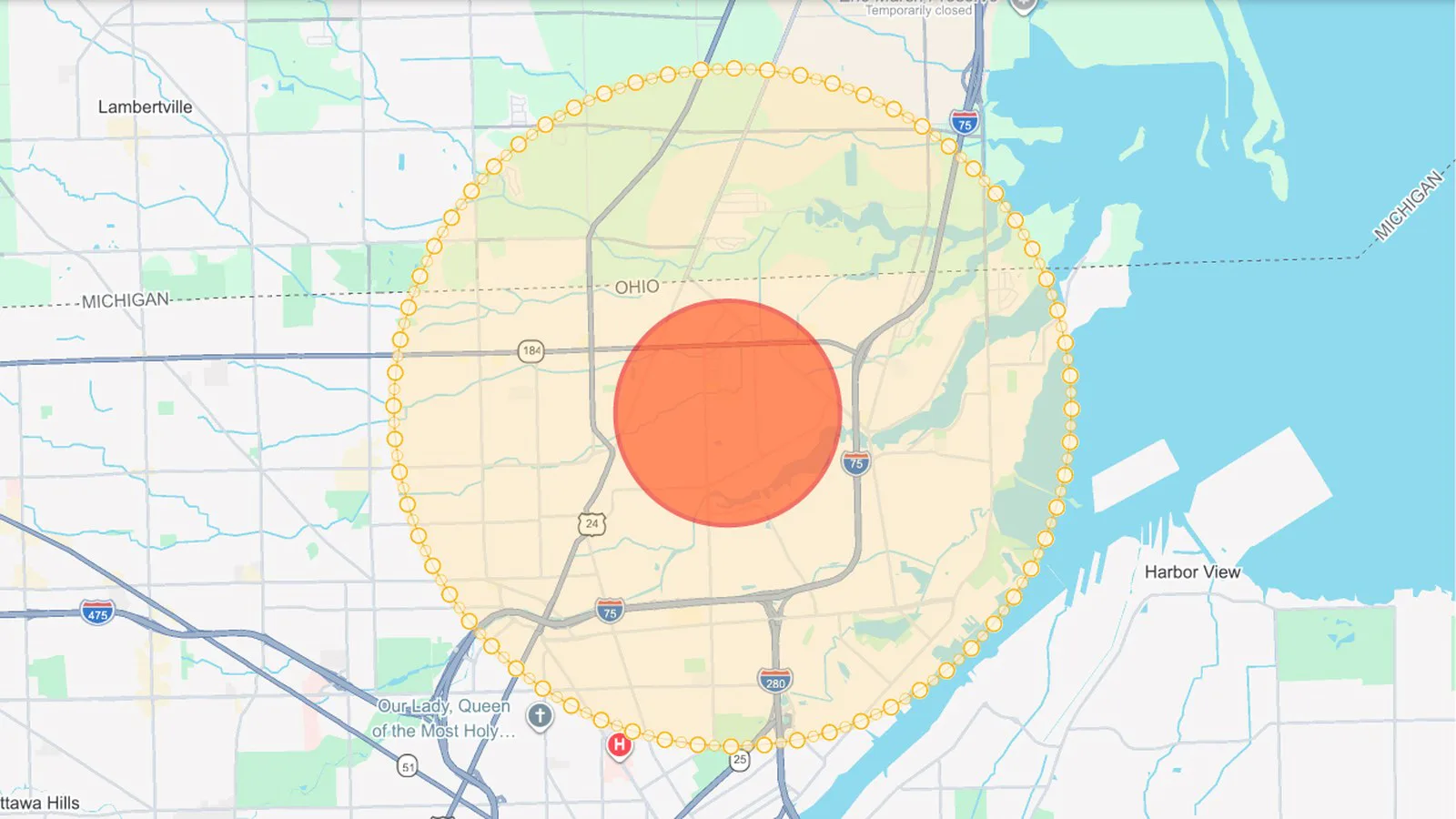 Imagem das zonas do incidente divulgada pela prefeitura: um círculo vermelho menor dentro de um círculo amarelo maior, que passa da divisa com o estado de Michigan