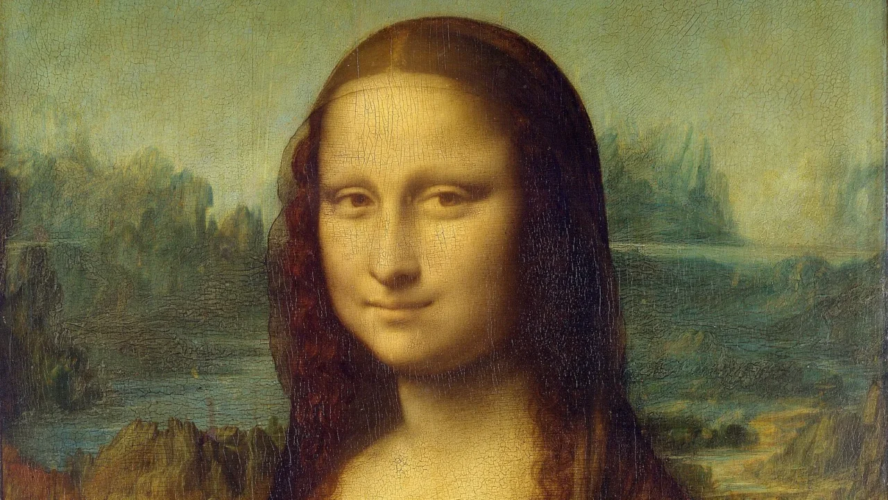 Detalhe da Mona Lisa, de Leonardo da Vinci: o rosto e o sorriso da retratada, com a paisagem ao fundo