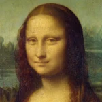 Detalhe da Mona Lisa, de Leonardo da Vinci: o rosto e o sorriso da retratada, com a paisagem ao fundo