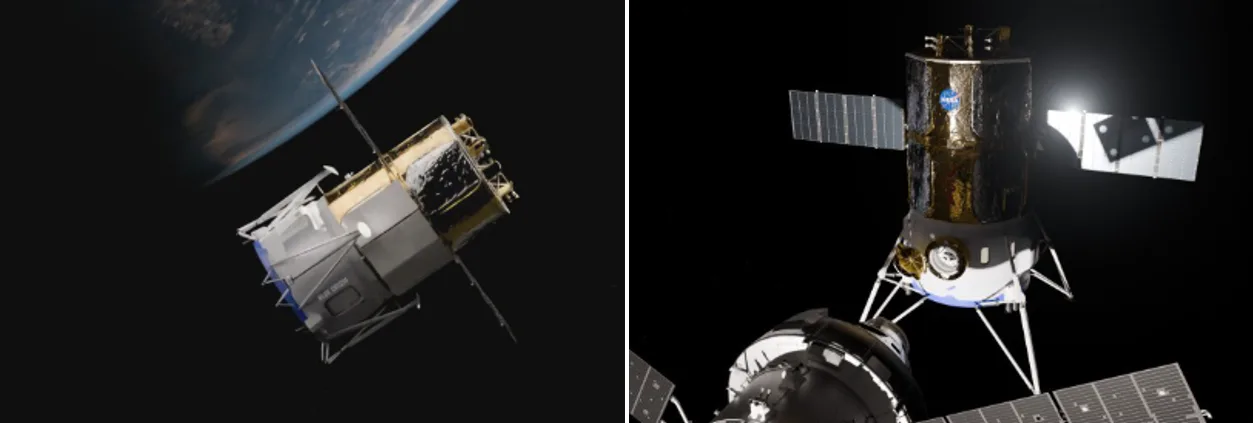 Estas ilustrações conceituais mostram o artigo de teste do sistema de pouso tripulado Blue Moon Mark 2, da Blue Origin, em órbita da Terra e acoplado à espaçonave Orion da NASA, como parte da futura missão de demonstração Artemis III da NASA na órbita baixa da Terra.
