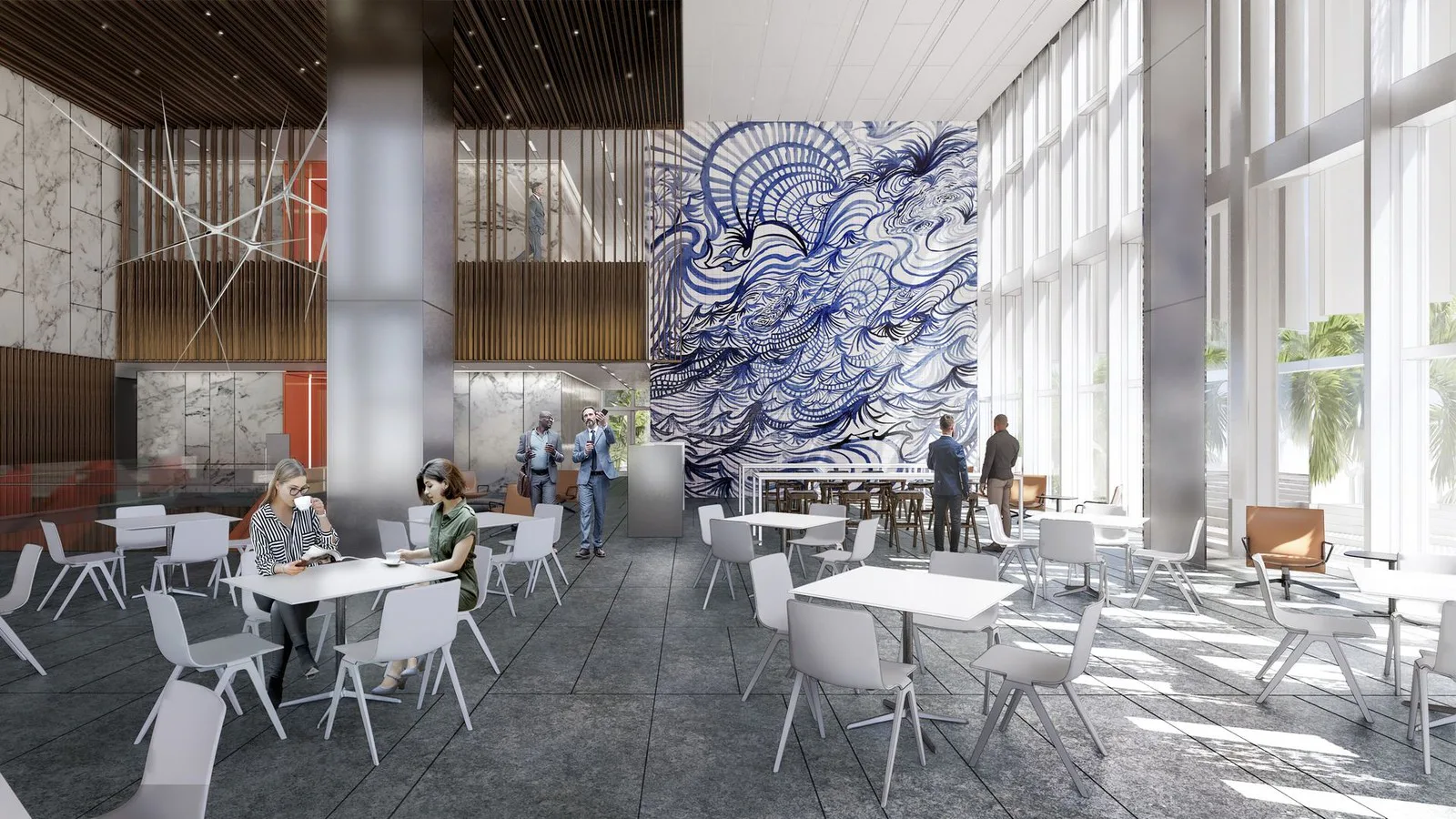 Projeção do saguão interno do novo consulado, com mesas, pé-direito alto e um grande painel artístico azul e branco