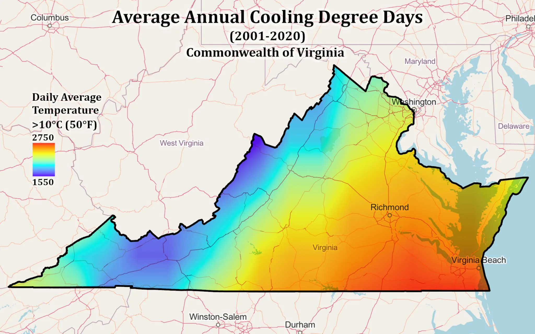 Dados do NASA POWER mostram onde a demanda de resfriamento é maior na Virgínia. O mapa usa graus-dia de resfriamento, uma medida da frequência com que as temperaturas médias diárias excedem 50°F (10°C), em média de 2001 a 2020. Essas métricas de energia personalizadas ajudarão o Virginia Energy a entender melhor a demanda de energia e a embasar o planejamento energético futuro em todo o estado.