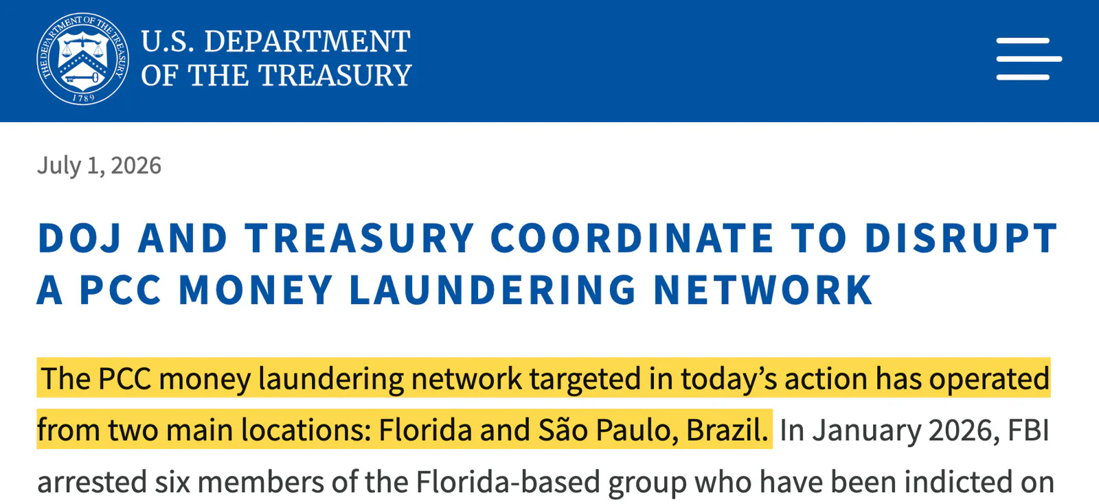 Trecho do comunicado do Tesouro dos EUA de 1º de julho de 2026, sob o título "DOJ and Treasury coordinate to disrupt a PCC money laundering network", com a frase sobre a Flórida e São Paulo grifada em amarelo