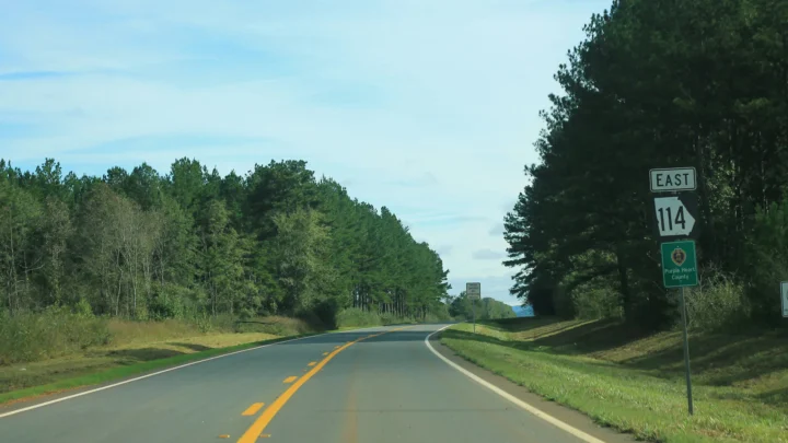 Rodovia estadual 114 da Geórgia, de pista simples entre pinheiros, com a placa "East 114" logo depois da divisa com o Alabama, em 2017 (imagem de arquivo)