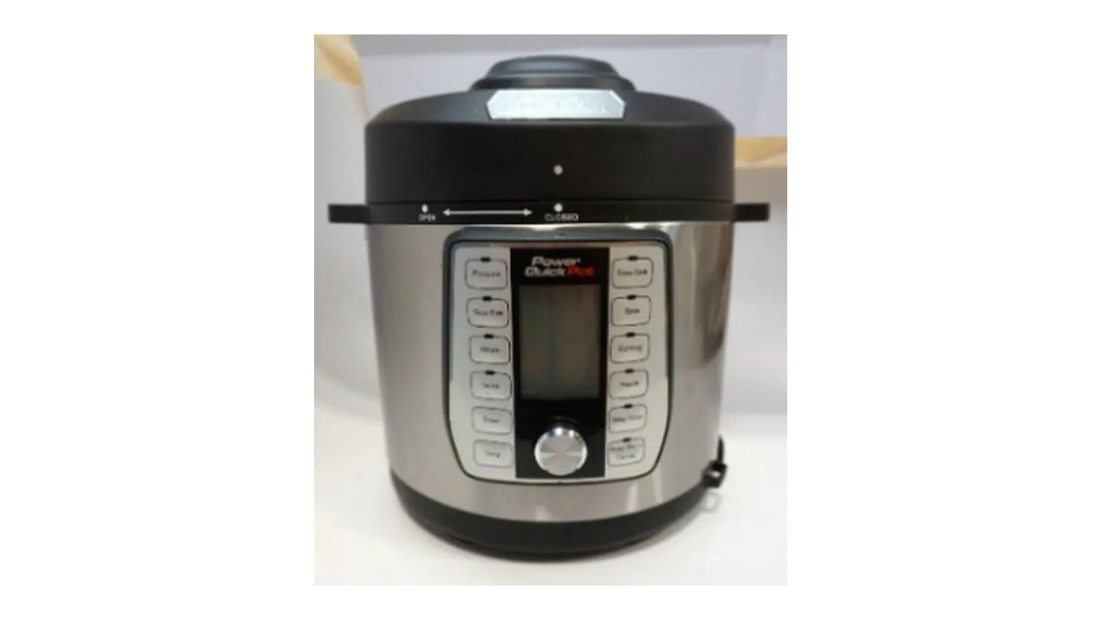 Panela de pressão elétrica Power Quick Pot de 6 quarts, de inox, com tampa preta, painel de botões e visor digital na frente
