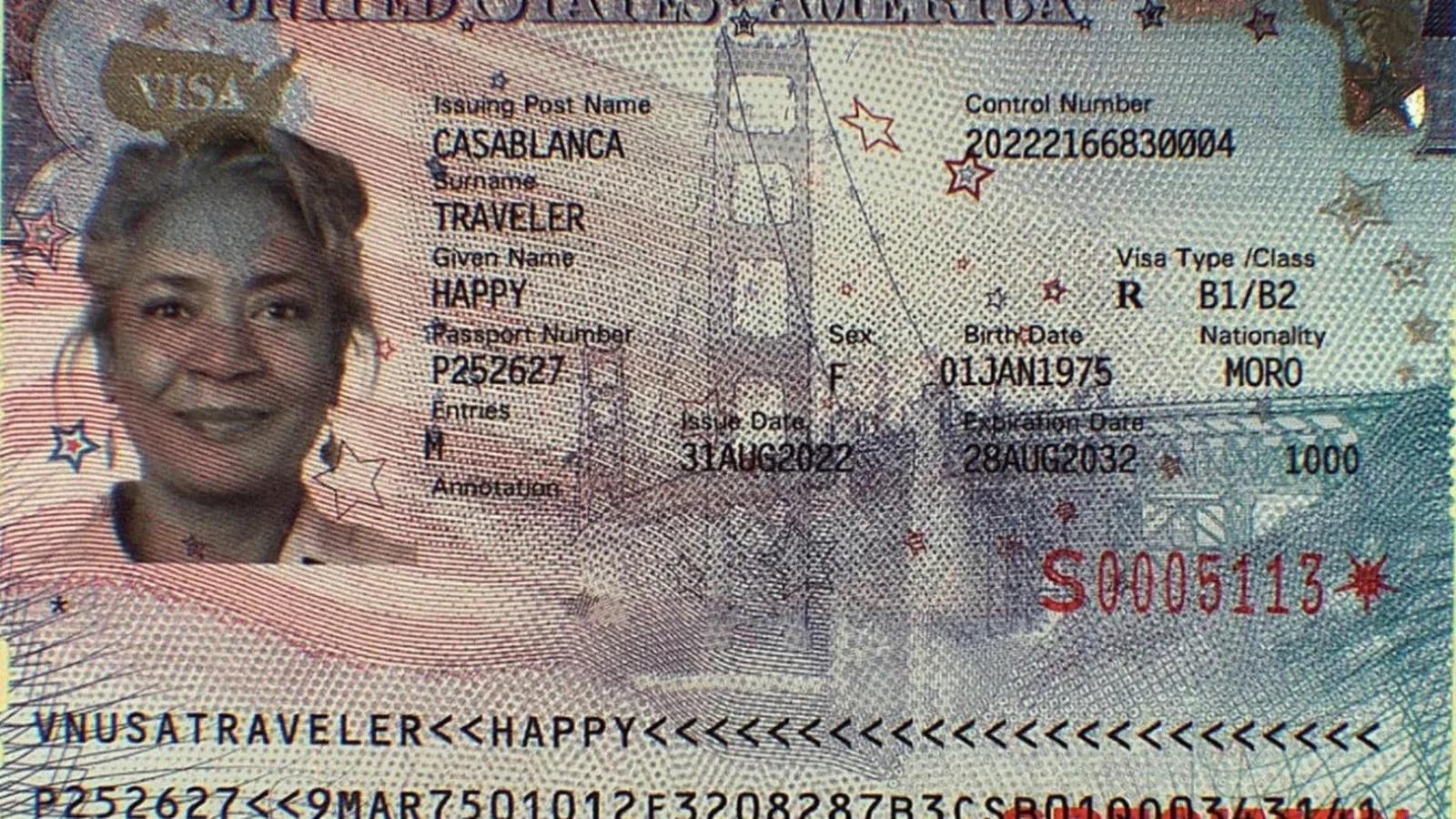 Espécime de visto americano com dados fictícios, divulgado pela agência de Alfândega e Proteção de Fronteiras dos EUA (imagem de arquivo)