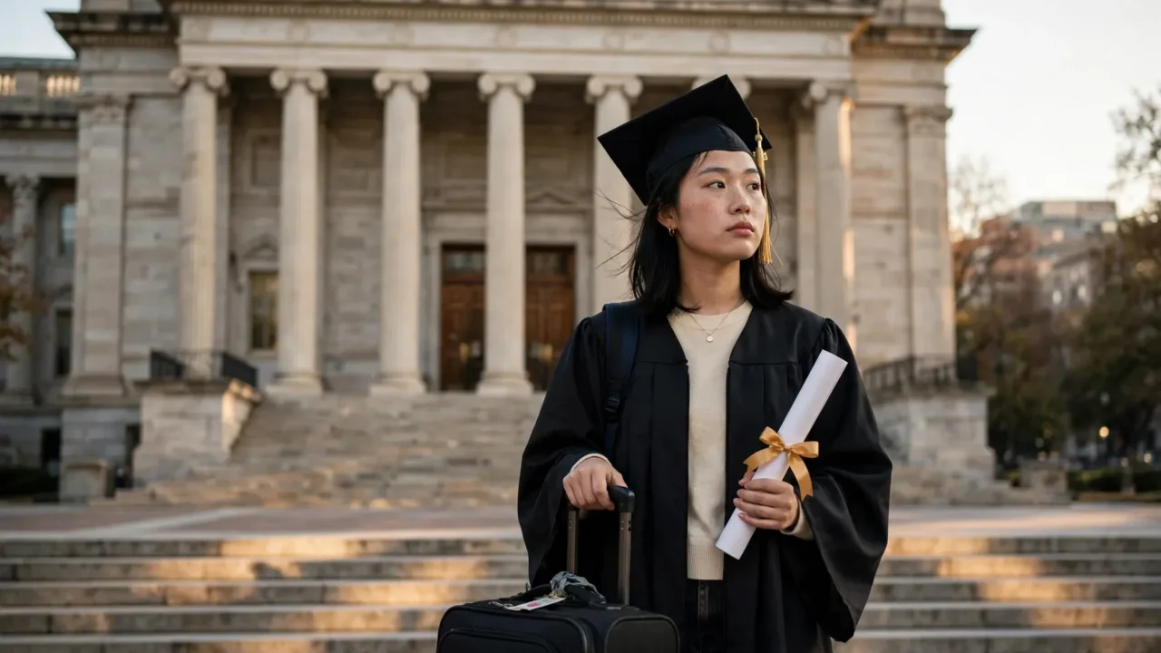 Estudante estrangeira de capelo e beca com diploma e mala diante de um prédio do governo federal americano: proposta do DHS elevaria a taxa do OPT de cerca de US$ 500 para US$ 70 mil.