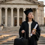 Estudante estrangeira de capelo e beca com diploma e mala diante de um prédio do governo federal americano: proposta do DHS elevaria a taxa do OPT de cerca de US$ 500 para US$ 70 mil.