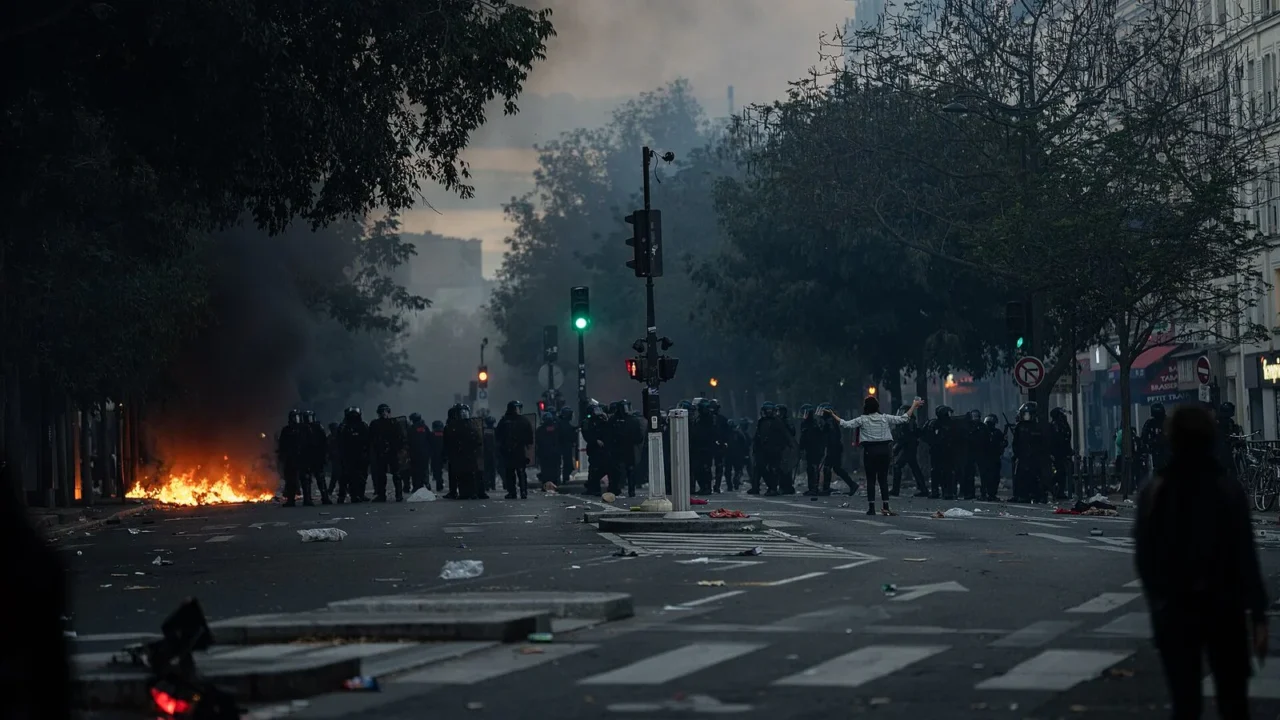 Fogo no asfalto e uma linha de policiais ao fundo, numa avenida de Paris encoberta por fumaça, no fim da tarde de 17 de outubro de 2026