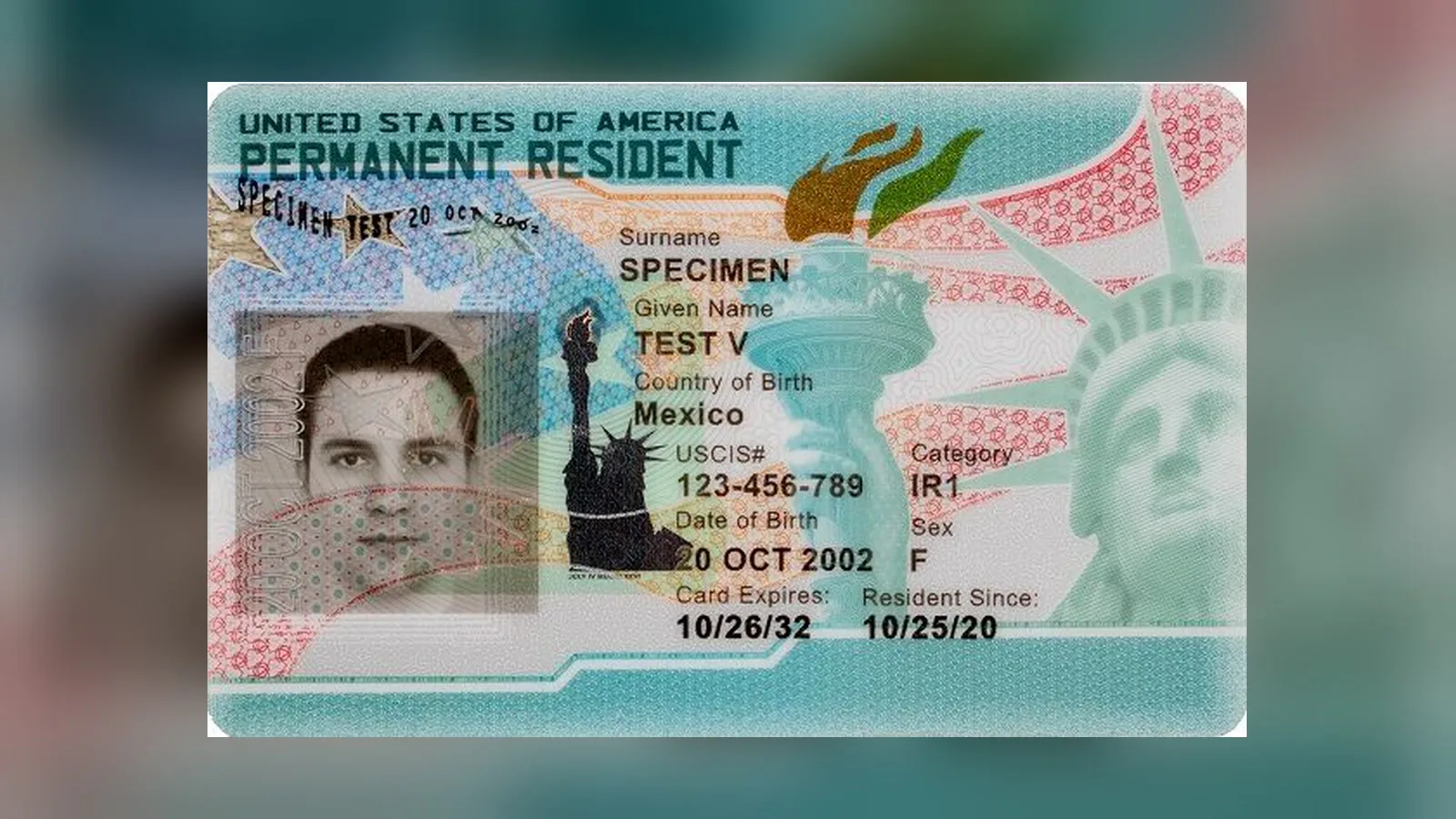 Modelo de green card, o cartão de residente permanente dos EUA, com dados fictícios de exemplo