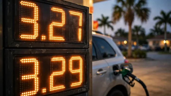 Painel de preços de posto de gasolina na Flórida ao entardecer. Os preços na foto são ilustrativos.
