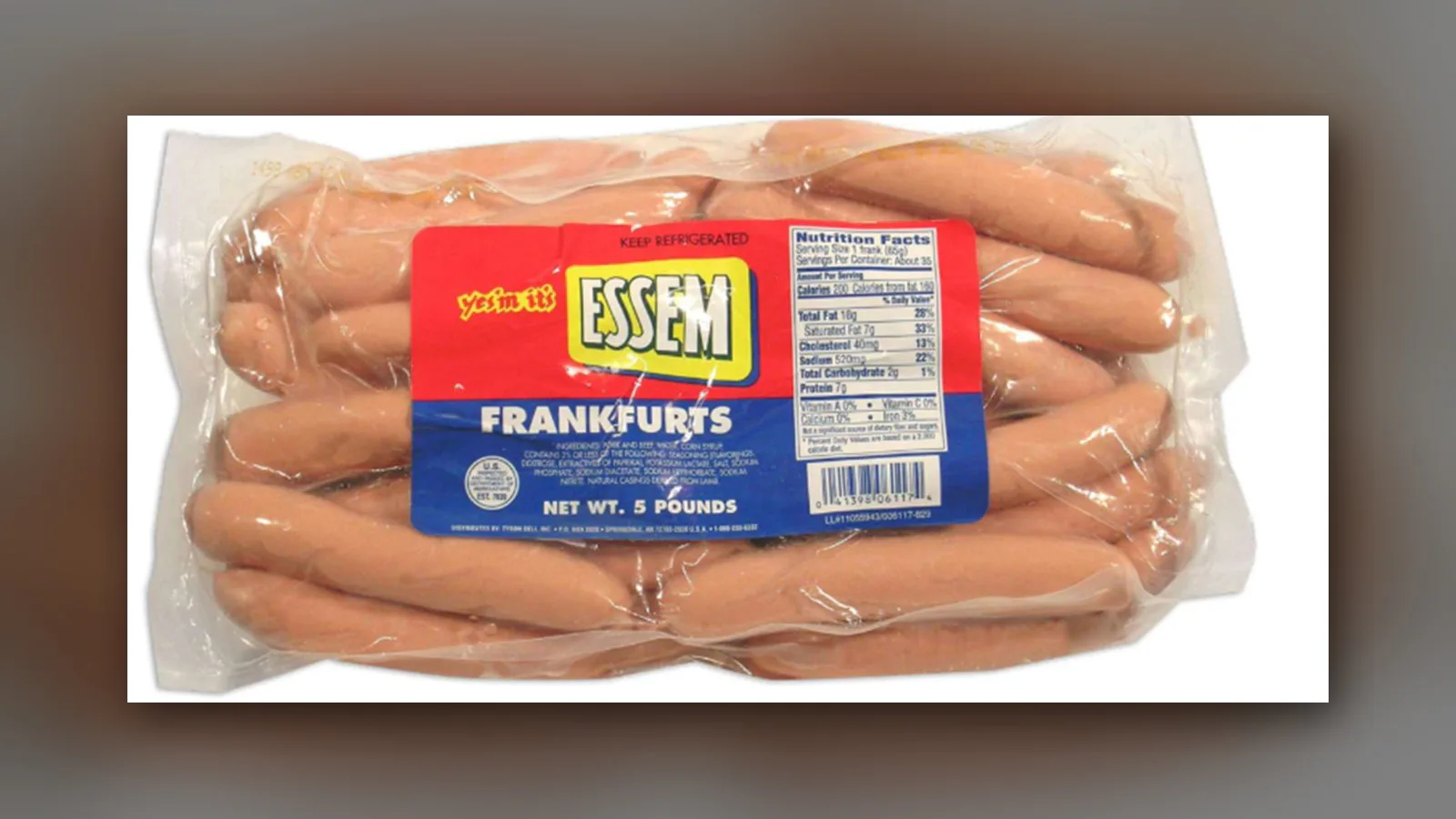 Pacote de 5 libras de salsichas Essem, vendido para serviços de alimentação e incluído no recall