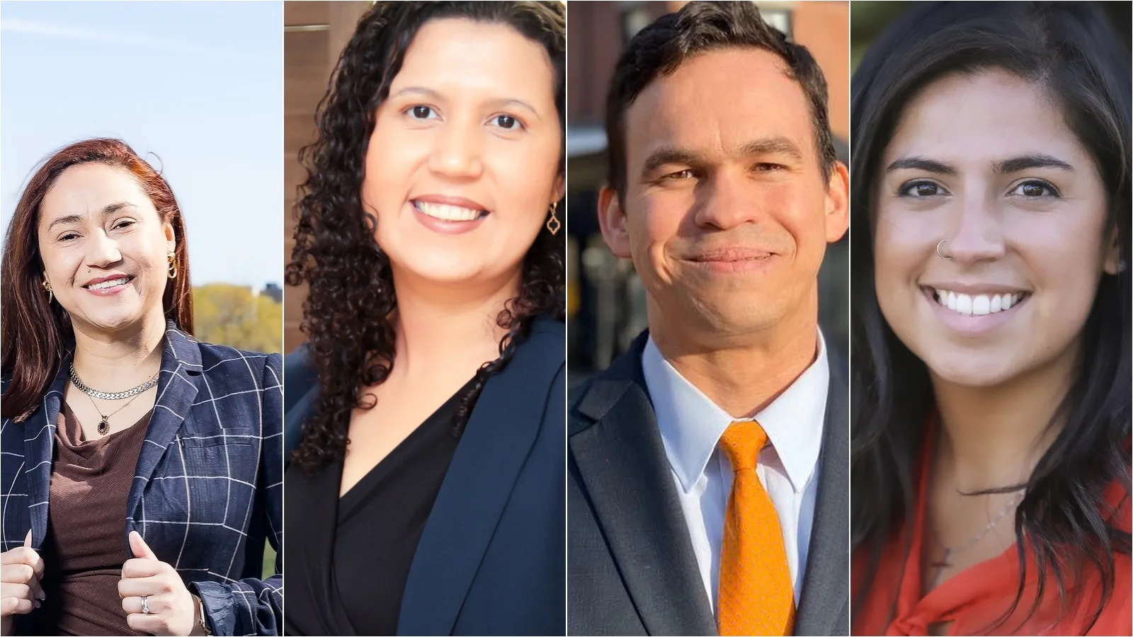 Retratos de Lorena Betts, Rita Mendes, Dan Sena e Priscila Sousa, candidatos de origem brasileira em Massachusetts