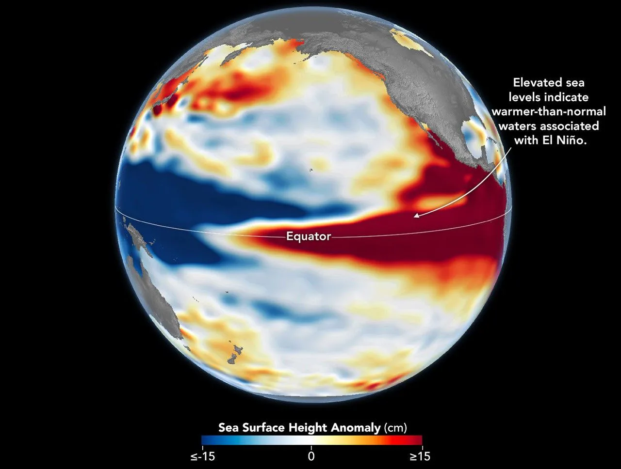 O nível do mar está acima do normal no Pacífico equatorial central e oriental em outubro de 2026 (à direita), uma marca registrada do El Niño. O padrão é muito parecido com o de outubro de 1997 (à esquerda), durante outro dos mais fortes eventos de El Niño do registro de altimetria por satélite.