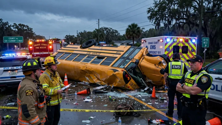 Ônibus escolar tombado em Winter Haven, na Flórida, com equipes de emergência no local do acidente que matou uma estudante e um motorista. Imagem gerada por IA; nenhuma vítima aparece na foto.