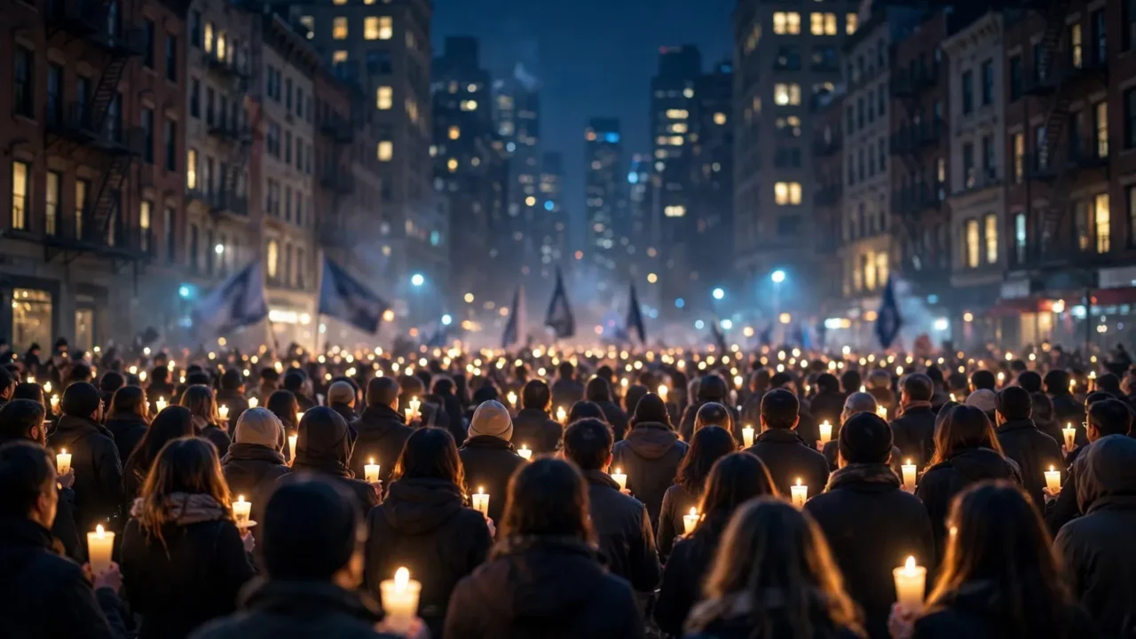 Ilustração de uma vigília à luz de velas na Union Square, em Nova York: multidão reunida com velas acesas em homenagem às vítimas do ataque de 7 de outubro. Imagem ilustrativa gerada por inteligência artificial, não retrata o evento real.
