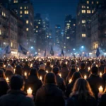 Ilustração de uma vigília à luz de velas na Union Square, em Nova York: multidão reunida com velas acesas em homenagem às vítimas do ataque de 7 de outubro. Imagem ilustrativa gerada por inteligência artificial, não retrata o evento real.
