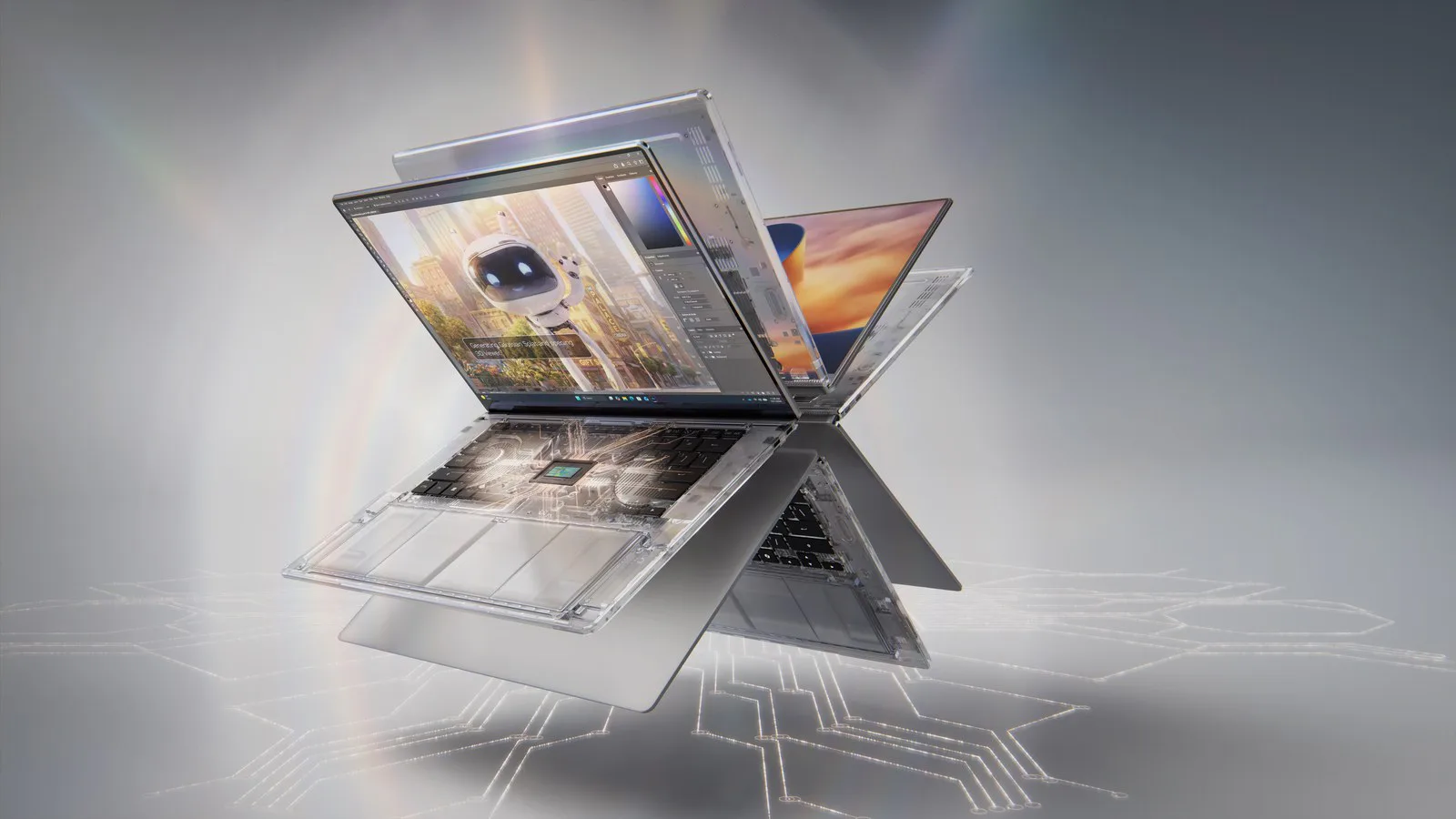 Notebooks abertos com a tampa transparente mostrando o chip RTX Spark no centro da placa, em imagem de divulgação