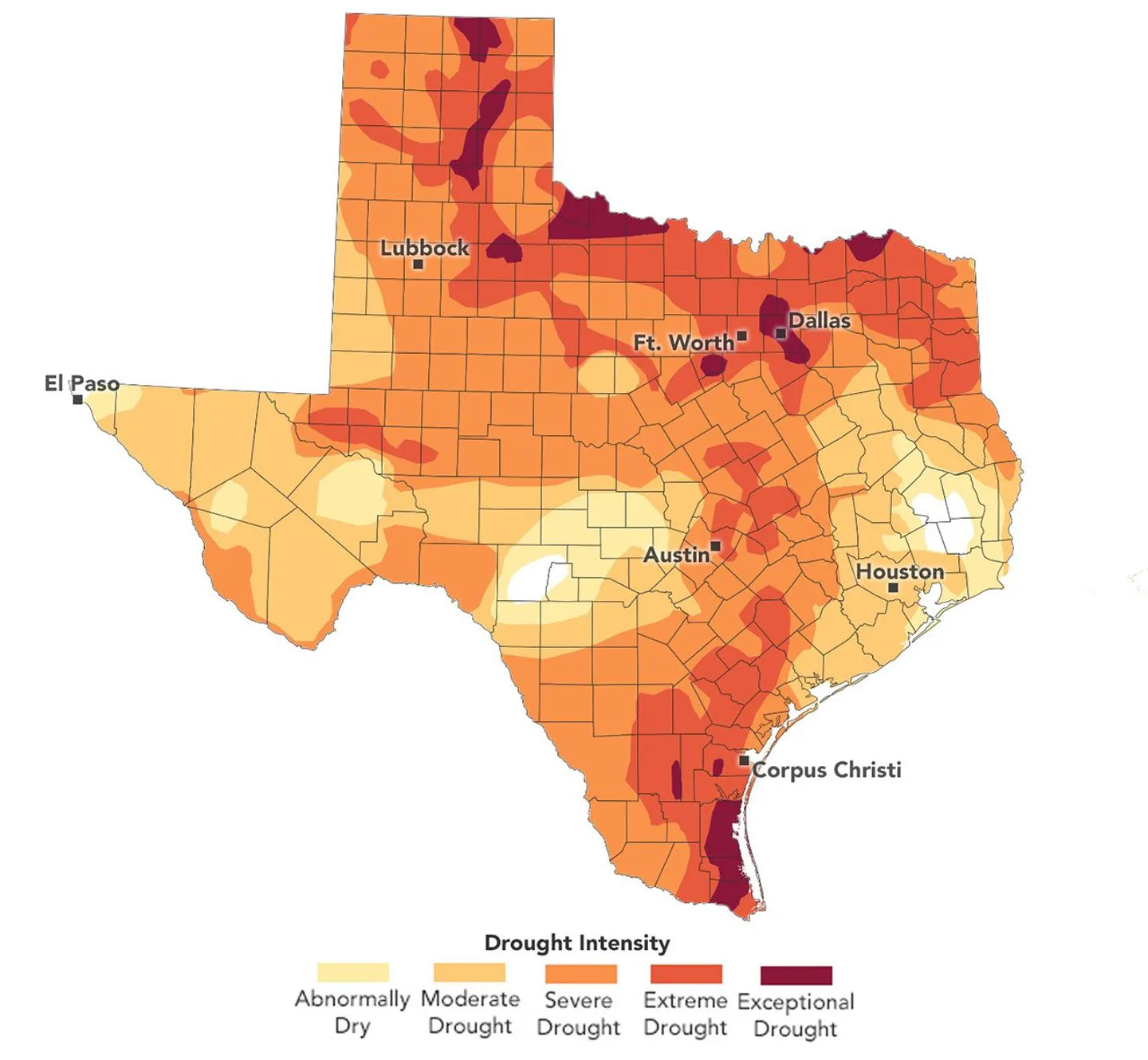 A seca permaneceu severa em muitas partes do Texas High Plains em outubro de 2026, apesar de alguma chuva ter caído nas últimas semanas. Os dados representados no mapa são produzidos pelo U.S. Drought Monitor, uma parceria entre o National Drought Mitigation Center da University of Nebraska-Lincoln, o Departamento de Agricultura dos Estados Unidos (USDA), a National Oceanic and Atmospheric Administration e a NASA.