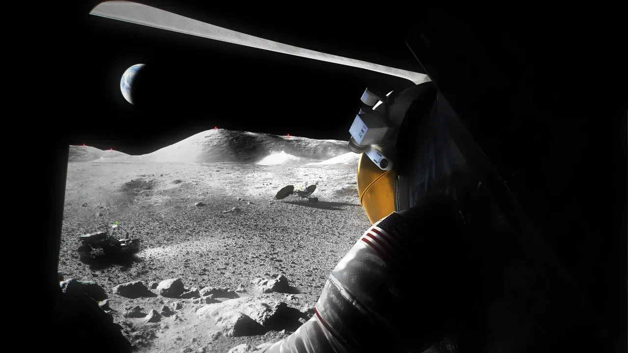 Uma ilustração de um astronauta da Artemis em traje espacial olhando pela escotilha de um módulo lunar através da superfície lunar, um Veículo de Terreno Lunar e outros elementos de superfície.