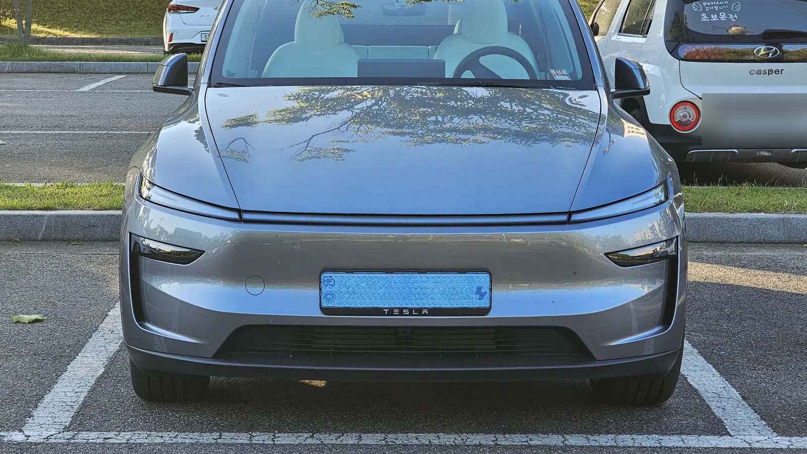 Tesla Model Y prateado estacionado, visto de frente, em 2025 (imagem de arquivo; não é o carro do vídeo)