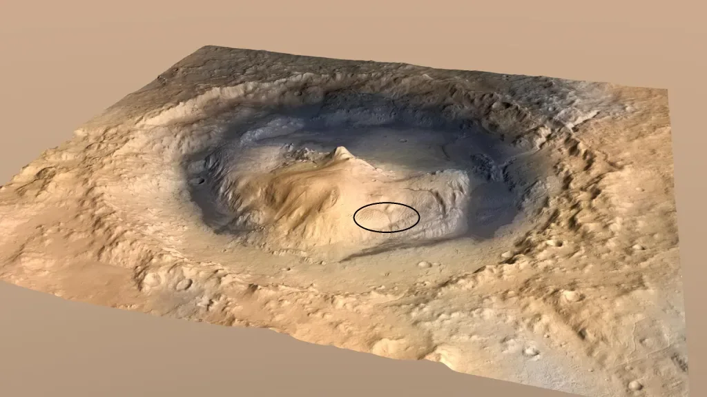 Este conceito artístico mostra o Monte Sharp, a montanha de 3 milhas de altura (5 quilômetros de altura) que o Curiosity da NASA vem escalando desde 2014. A localização da camada de yardangs, que o rover recentemente capturou à distância, é indicada por uma anotação em elipse no ombro noroeste da montanha.