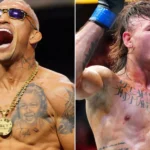Lutadores de MMA lado a lado: à esquerda, um homem de óculos escuros dourados, colar grosso e tatuagem no peito com o retrato de uma criança sorrindo; à direita, um lutador de cabelo comprido e sangue no rosto, com tatuagens no peito, levantando o braço após uma luta