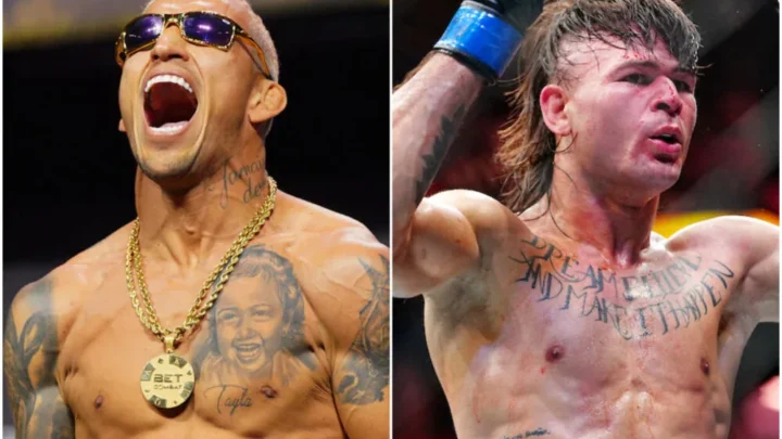 Lutadores de MMA lado a lado: à esquerda, um homem de óculos escuros dourados, colar grosso e tatuagem no peito com o retrato de uma criança sorrindo; à direita, um lutador de cabelo comprido e sangue no rosto, com tatuagens no peito, levantando o braço após uma luta